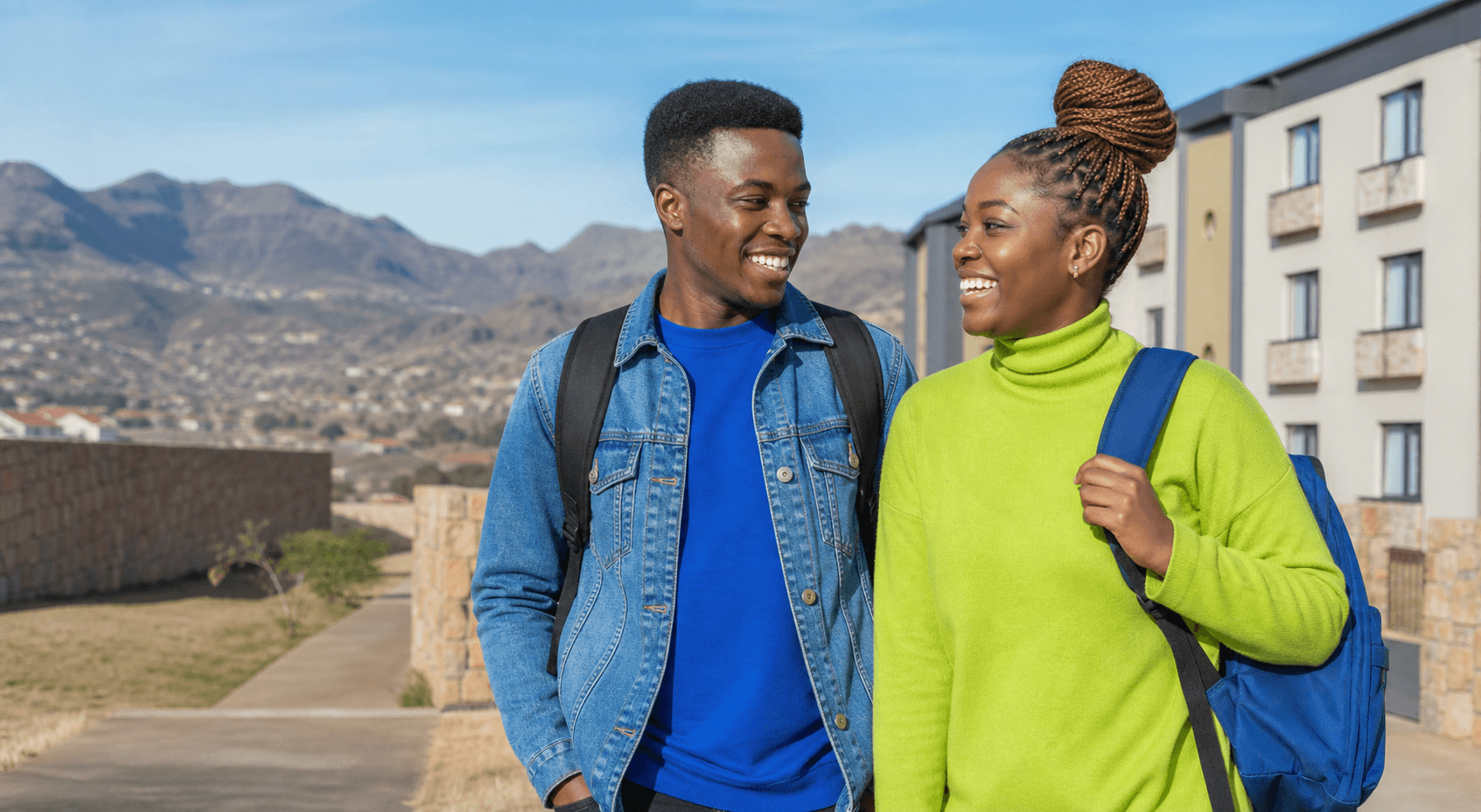 Two students walking together near accommodation in Maseru